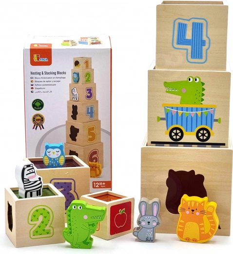 montessori dřevěná piramida a stavebnicové kostky Viga