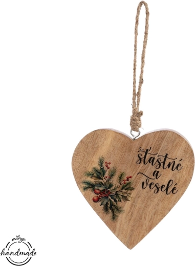Závěsné srdce z mangového dřeva „Šťastné a veselé“ - 1 kus