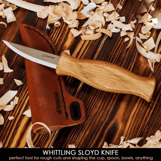 BeaverCraft sloyd vyřezávací nůž C4S s dubovou rukojetí a koženým pouzdrem