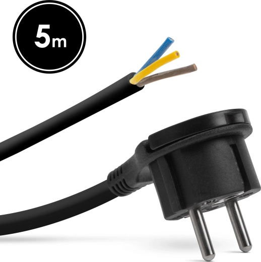 Montážní napájecí kabel s uzemněnou zástrčkou a výklopným úchytem, 5 m, černý