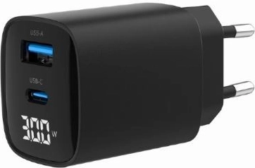GaN rychlonabíječka 30 W s USB‑C a USB‑A, LCD displej, černá
