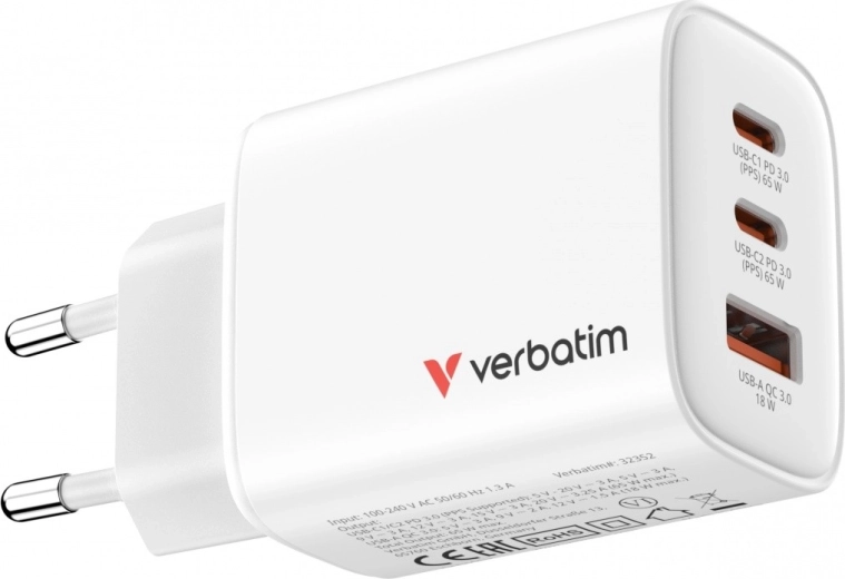 Verbatim essentials GaN nabíječka 65 W (2× USB-C PD 3.0 + 1× USB-A QC 3.0), EU, bílá