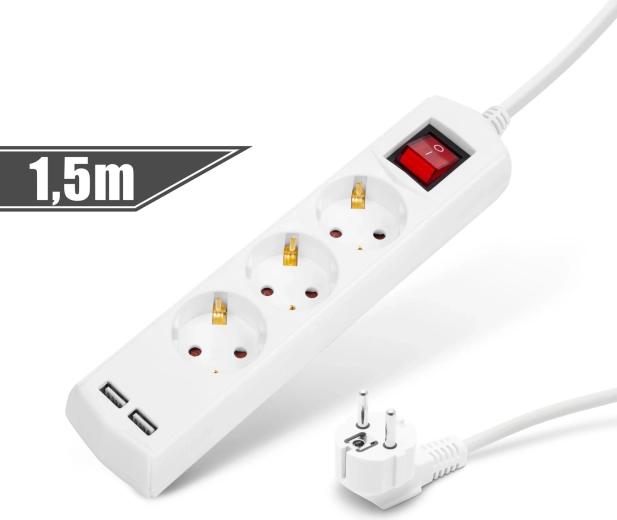 Prodlužovací kabel se 3 zásuvkami, 2 USB porty a vypínačem, 1,5 m