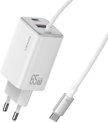 Usams jc series 65w gan síťová nabíječka s integrovaným usb-c kabelem (2× usb-c, 1× usb-a), bílá