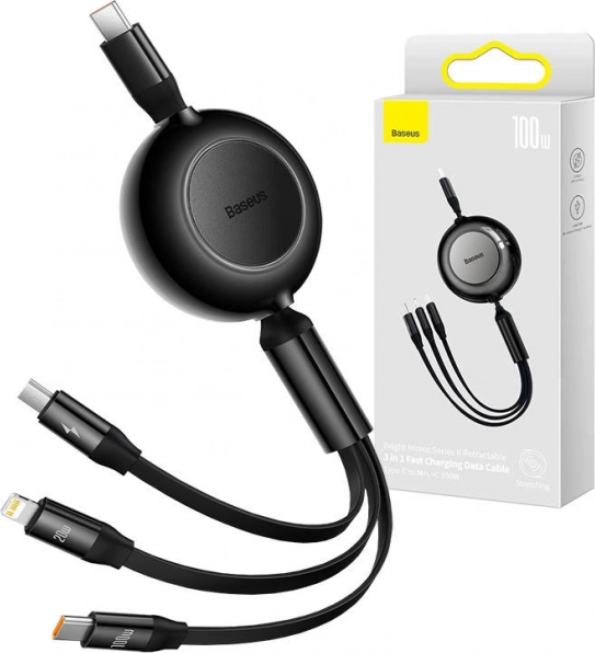 Baseus Bright Mirror 4 vysouvací 3v1 kabel USB-C / Lightning / Micro USB 100 W, 1,1 m, černý