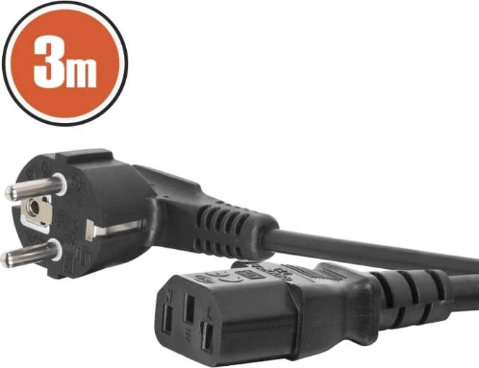 Síťový napájecí kabel IEC C13 s úhlovou vidlicí, 3 m, černý