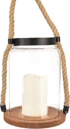 Hnědý skleněno-dřevěný LED svícen (lucerna) 23 cm