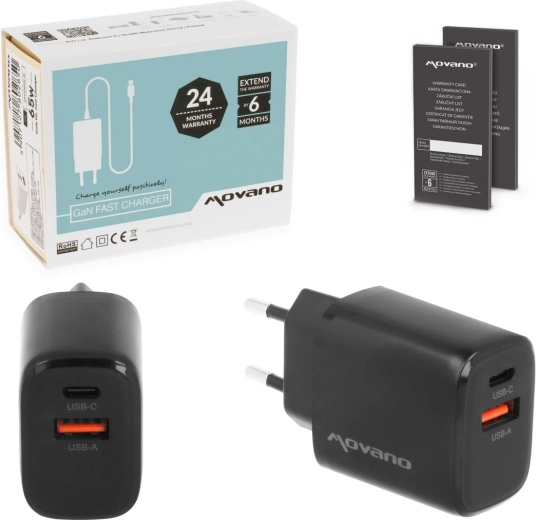 Síťová nabíječka Movano GaN 30 W (USB‑C PD + USB‑A), černá