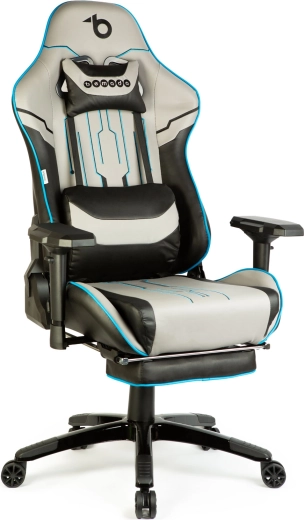 Ergonomická herní židle s výsuvnou podnožkou šedo-černo-modrá