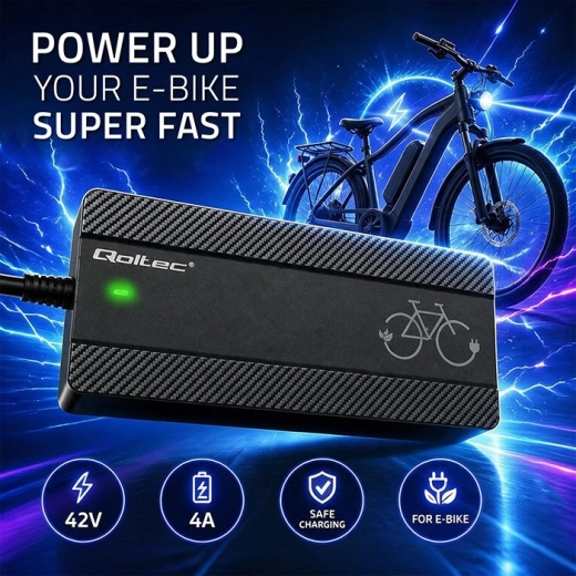 Nabíječka pro elektrokolo Qoltec 36 V, 42 V, 4 A s konektorem Bosch a napájecím kabelem