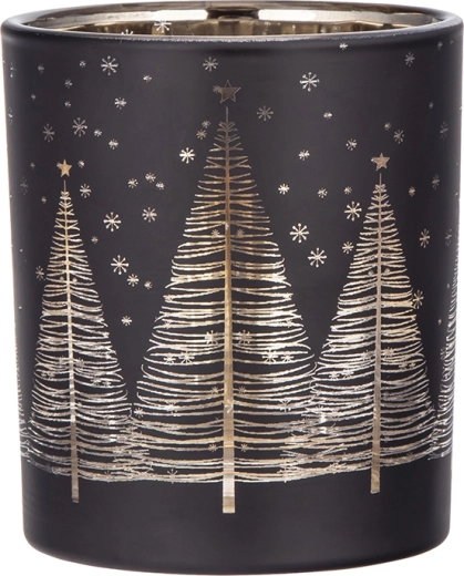 Skleněný svícen se zlatým vnitřkem a motivem stromečků černý 8 cm