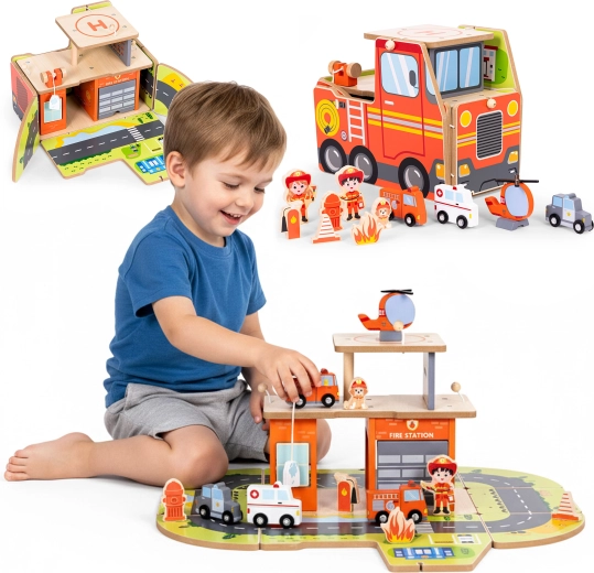 Dřevěná hasičská stanice 2v1 – skládací garáž a vůz se 2 podlažími a doplňky ECOTOYS