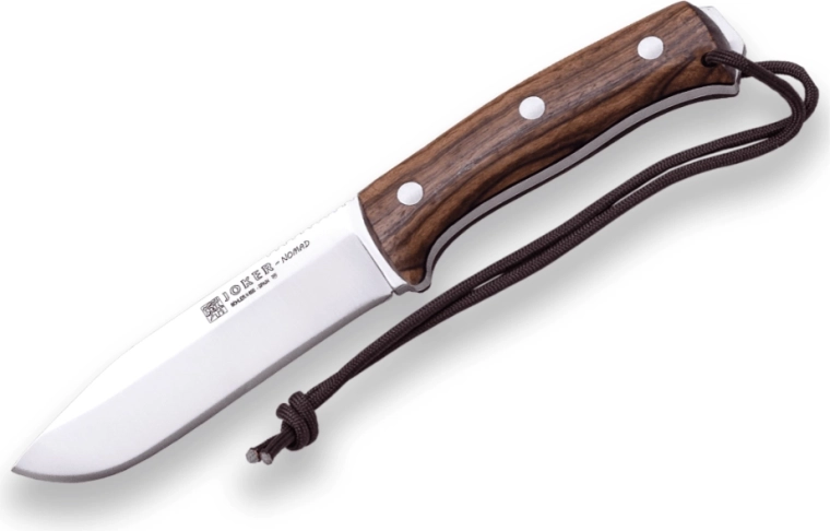 Joker Nomad bushcraft nůž s pevnou čepelí 12,7 cm, ořechové dřevo, kožené pouzdro a křesadlo