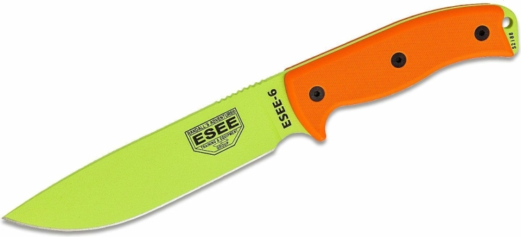 Pevný nůž ESEE 6 s hladkým ostřím, zelená čepel a oranžová rukojeť G10 s pouzdrem