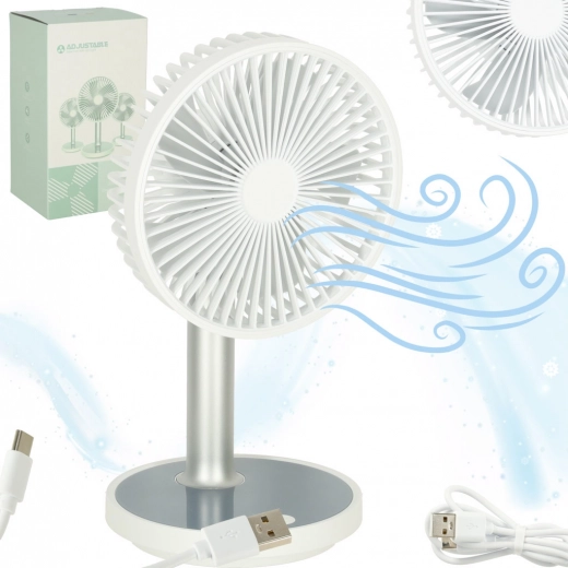 Bezdrátový stolní ventilátor USB s baterií, 4 rychlosti a LED, bílý