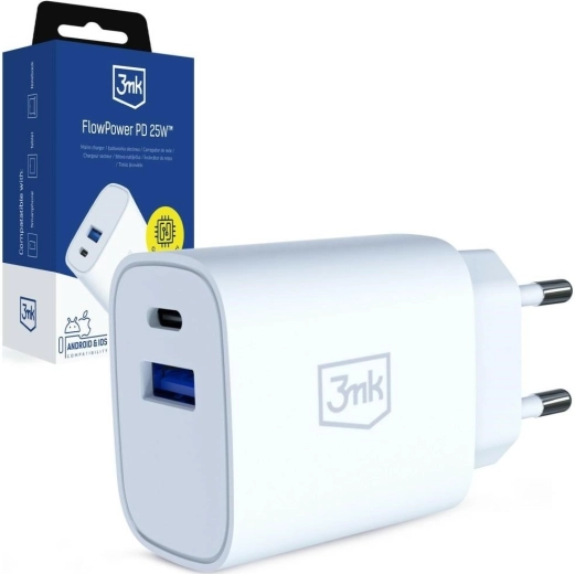 3mk FlowPower síťová nabíječka 25 W USB‑C/USB‑A bílá