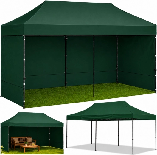 Zelený rychlorozkládací party stan 3 × 6 m s bočními stěnami
