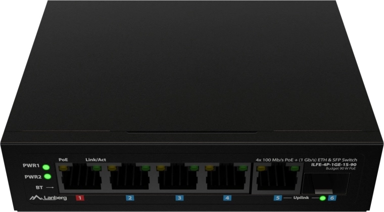 Lanberg lehký průmyslový PoE switch na DIN lištu 4× Fast Ethernet + 1× Gigabit uplink + 1× SFP (PoE++ 90 W)