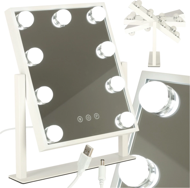 Kosmetické zrcadlo na líčení s podsvícením LED, 9 žárovek, USB, 25 × 30 cm