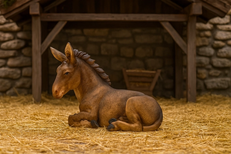 Figurka ležícího oslíka do betléma 34 cm z polyresinu