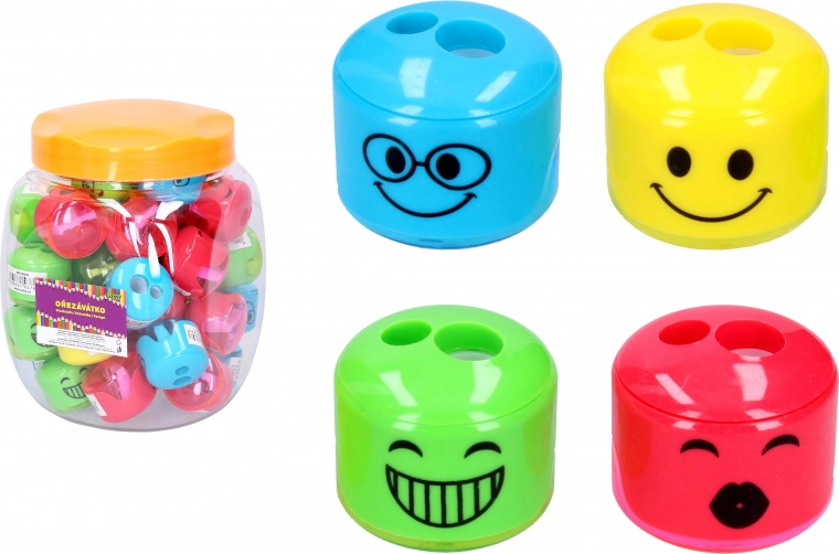 ořezávátko na dvě tužky s obličejem a zásobníkem