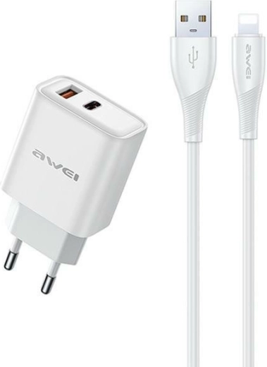 Awei síťová nabíječka GaN 22,5 W USB + USB‑C s kabelem USB‑A/Lightning