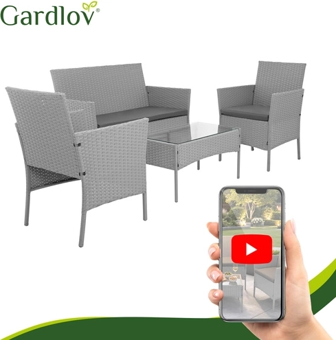 Zahradní technoratanový set GARDLOV, šedý – 2 křesla, pohovka a konferenční stolek se sklem