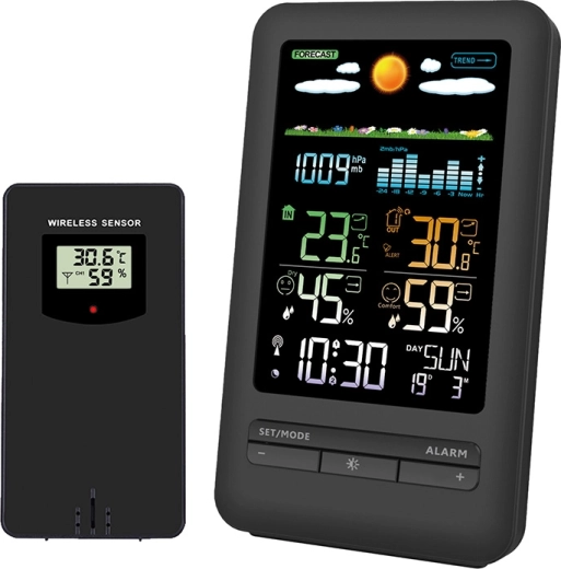 Solight meteostanice s barevným LCD displejem, měřením teploty a vlhkosti a tlaku, černá