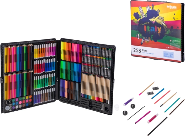 Malířská sada ve kufříku s pastelkami, fixy a barvami 258 ks