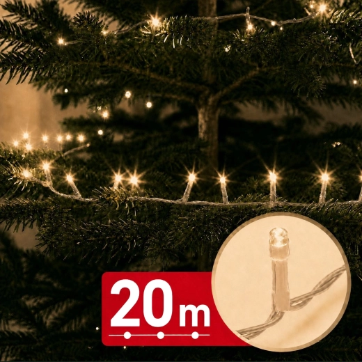 LED světelný řetěz s časovačem 20 m, 400 LED, teplá bílá