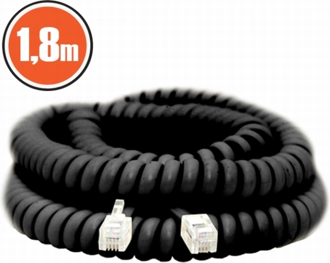 Spirálový telefonní kabel 4P4C, 1,8 m, černý