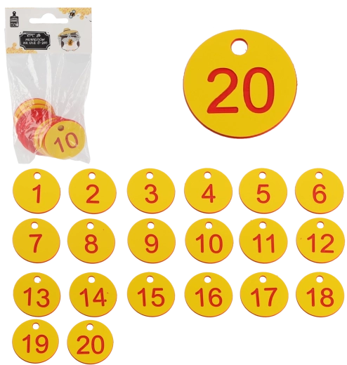 Sada čísel na úly 1–20, plastové žetony s otvorem 3,5 cm