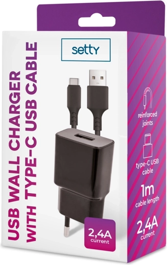 Setty síťová nabíječka 1× USB 2,4 A černá + USB‑C kabel 1 m