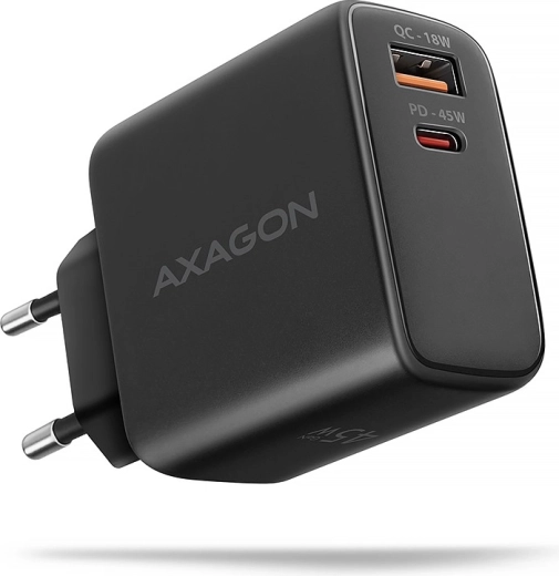 Axagon ACU-PQ45 GaN síťová nabíječka 2portová USB‑C PD a USB‑A QC, 45 W, černá