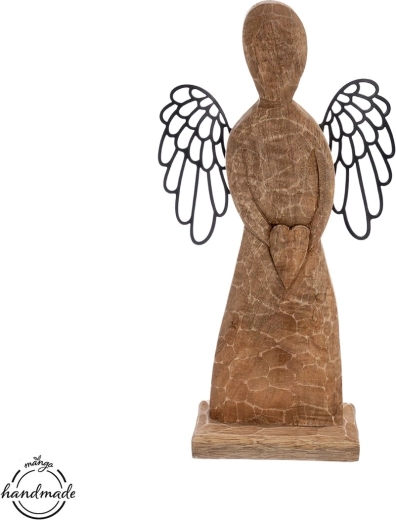 Dřevěný anděl z mangového dřeva se srdcem, 30 cm
