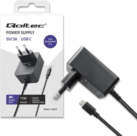 nabíječka usb‑c 15 w pro raspberry pi 4 s power delivery – černá