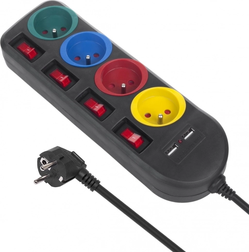 Rozbočení zásuvky s vypínači 4 zásuvky + 2xUSB černá