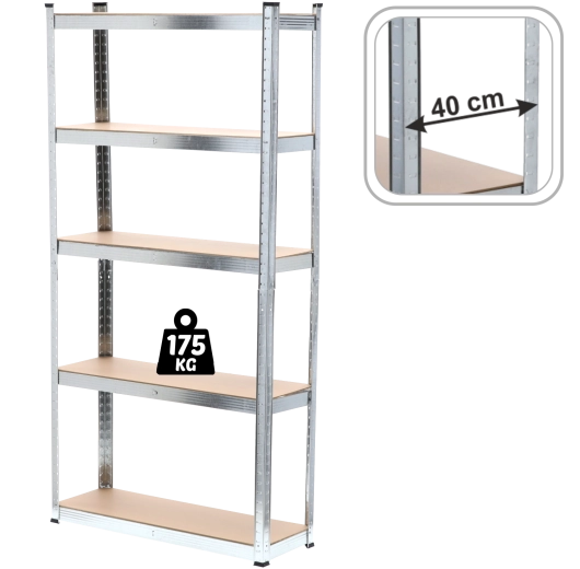 Kovový regál 5 polic 200 × 90 × 40 cm, MDF, nosnost 175 kg na polici