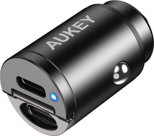AUKEY mini hliníková autonabíječka 2× USB‑C s Power Delivery a Quick Charge 3.0, 30 W, PPS