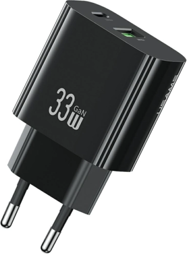 USAMS T65 33W GaN rychlonabíječka do sítě s USB-C a USB-A (černá)