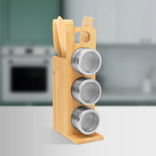 Magnetický stojan na koření s bambusovými kuchyňskými nástroji, 7dílná sada
