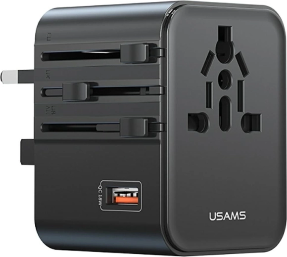 USAMS cestovní adaptér a nabíječka 25 W 4 v 1 (US/AU/EU/UK) černá
