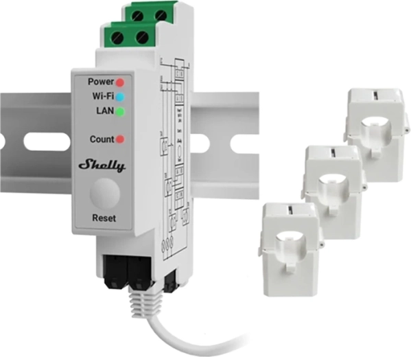 Shelly Pro 3EM Matter třífázový elektroměr 120 A pro DIN lištu