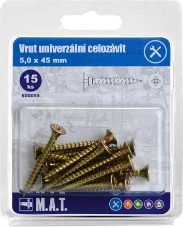 Univerzální vrut celozávit 5 × 45 mm, pozinkovaný, 15 ks