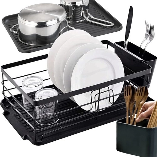 Stojanový odkapávač na nádobí Ruhhy, černý, loftový design, s odtokovou miskou