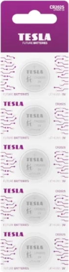 Lithiová knoflíková baterie TESLA CR2025 3 V, balení 5 ks