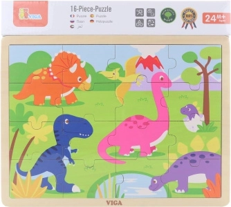 VIGA dřevěné puzzle s dinosaury, 16 dílků