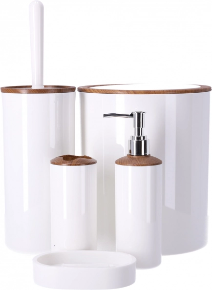 Sada koupelnových doplňků 5 ks BERRETTI, bílá s dřevěnými prvky