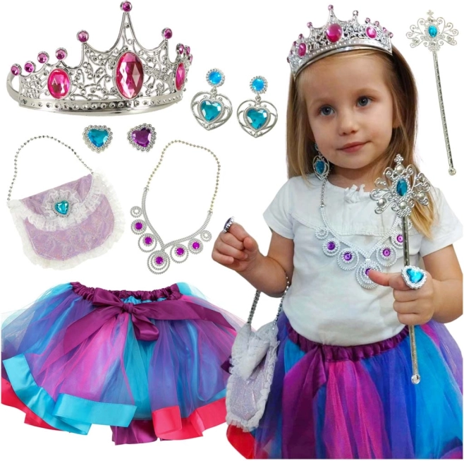 Dětský kostým princezna s korunou, hůlkou a kabelkou – 9dílná sada