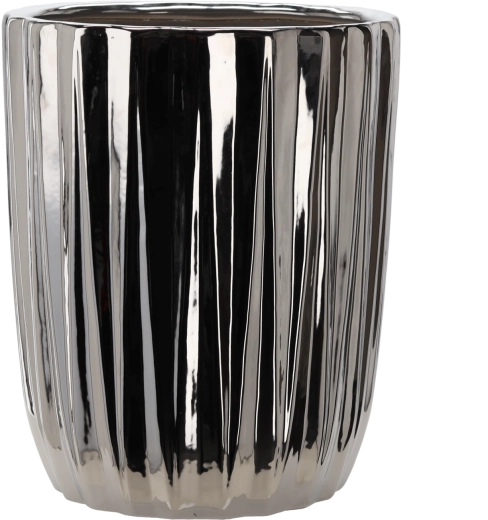Keramický obal na květináč, stříbrný, pruhovaný, 39,5 × 39,5 × 48,5 cm